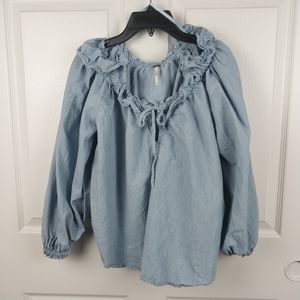 Free People Women's XS Ruffle Neck and Cuff Denim Blue Blouse Top
